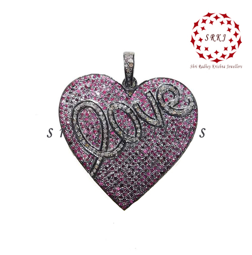 925 Starling silver Handmade Pave Diamond With Ruby Stone Pink Heart Love Pendant