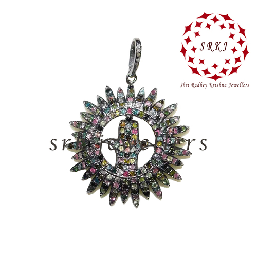925 Starling silver Handmade Pave Diamond With Tourmaline Stone Hamsa Hand Sunburst Style Pendant