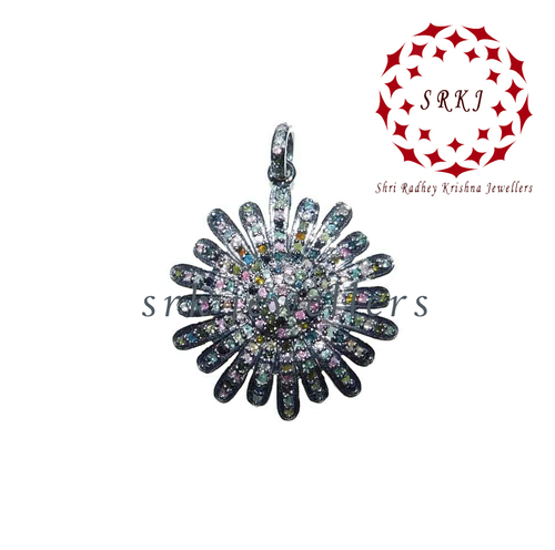 925 Starling silver Pave Diamond With Tourmaline Stone Flower Style Pendant