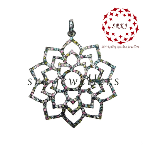 925 Starling silver Handmade Pave Diamond With Tourmaline Stone Fancy Flower Pendant