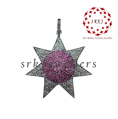 925 Starling silver Handmade Pave Diamond With Ruby Stone Fancy Star Pendant