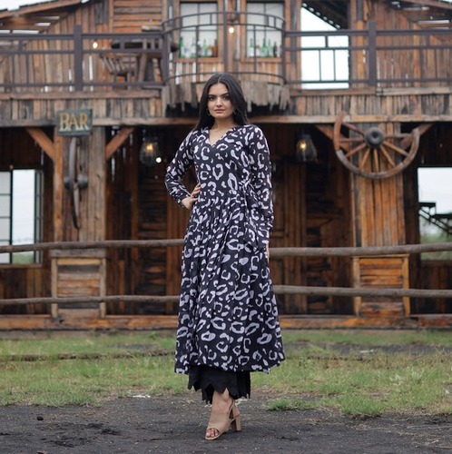 Ethnic Georgette Digital Printed Long Gown - Black Color, Long Sleeves, Weight: 0.95kg | Comfortable, Stylish, Trendy, Versatile, Elegant Design