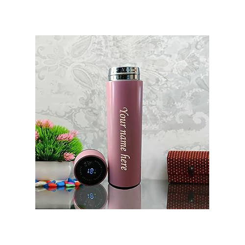 HNA GIFTING Customized Personalized Stainless Steel Water Bottle with Smart LCD Touch Screen Keep Cold 500 ml Pink Pack of 1