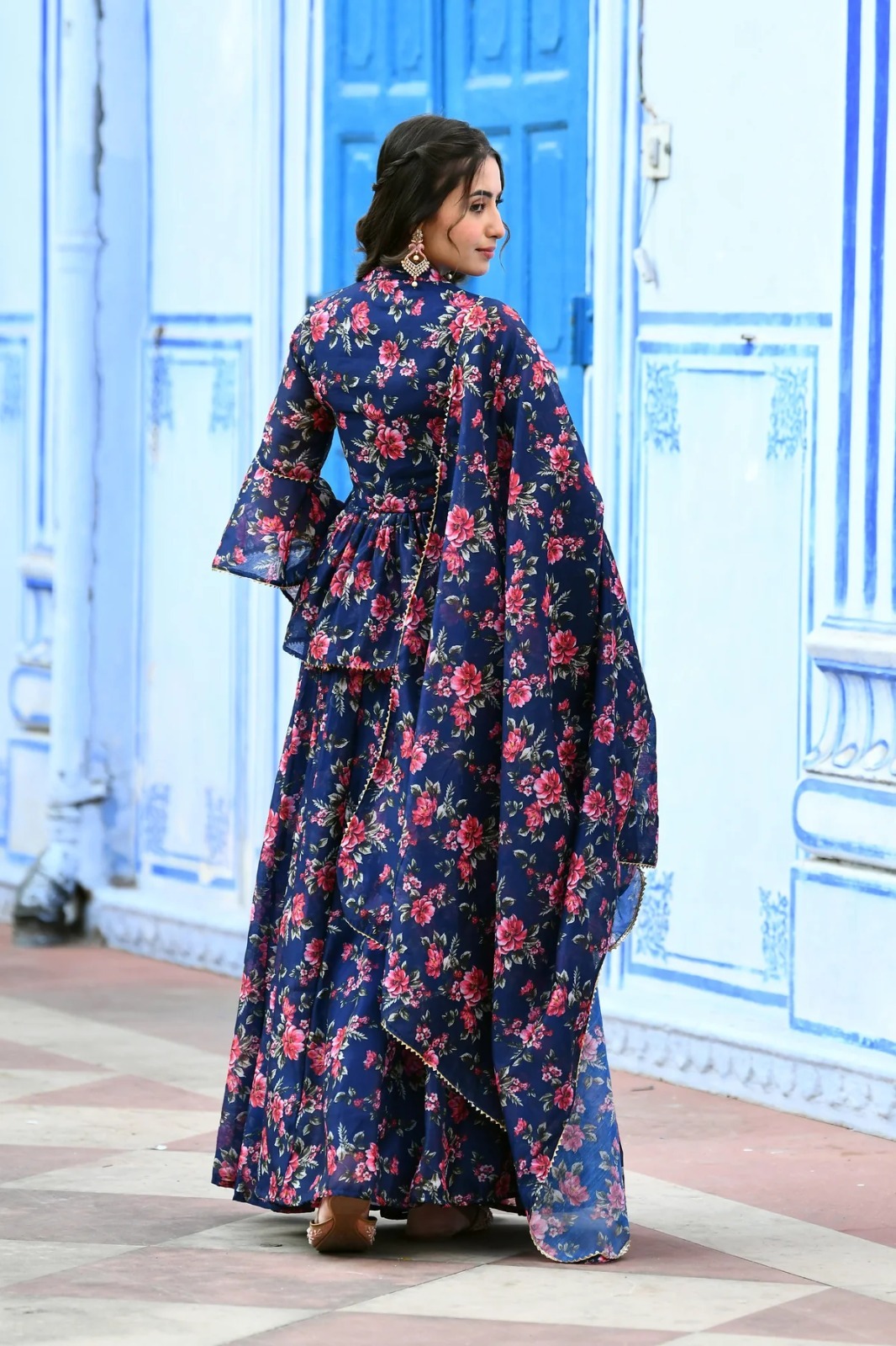 Indigo Floral Print Lehenga Set