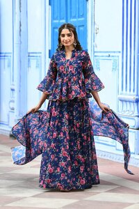 Indigo Floral Print Lehenga Set