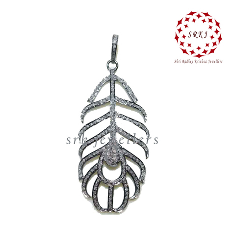 925 Sterling Silver Handmade Pave Diamond Feather Style Pendant - Size 54x22 mm, Black Rhodium Plated, 0.48 cts Diamond Weight, Elegant Design, Fashion Accessory