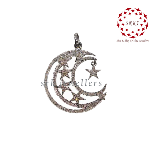 925 Sterling Silver Handmade Pave Diamond Moon Star Pendant - 54x22 mm, 0.48 ct Diamond Weight, Elegant Design, Luxury Jewelry, Unique Accessory