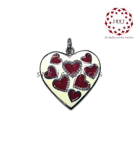 925 Sterling Silver Pave Diamond With Enamel Heart Style Pendant - 54X22 mm, 0.48 cts Diamond Weight, Elegant Design, Enamel Accents, Luxury Jewelry