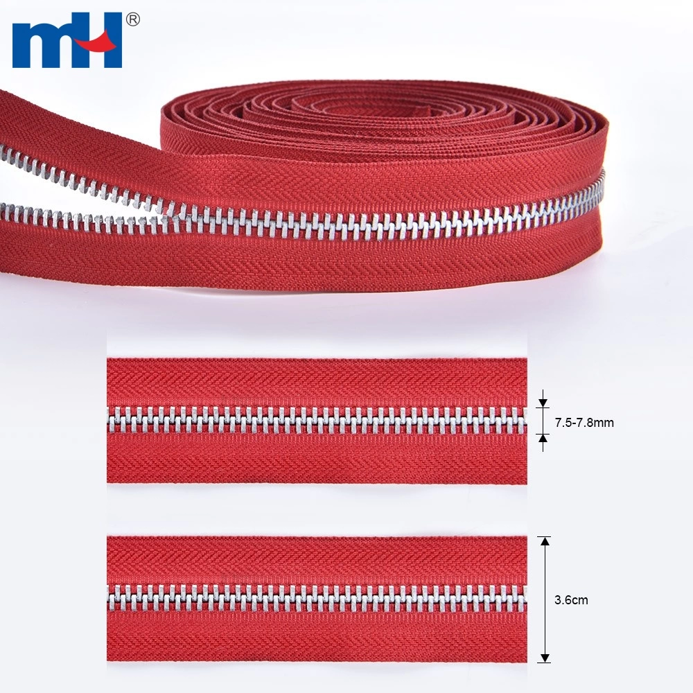 No. 8 Aluminum Teeth Zipper Long Chain Metal Zipper Chain Continuous Zipper Roll with Red Polyester Tape