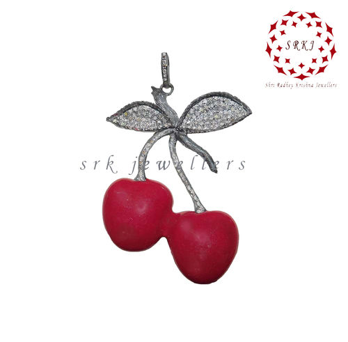 925 Starling silver Pave Diamond Black And Red Enamel Cherry Shape Pendant