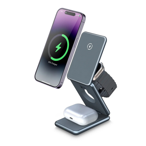 Metal Foldable 3 In 1 15W Fast Wireless Charger Stand For Iphone