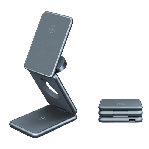 Portable Alloy Mini Foldable 3-in-1 Magnetic Wireless Charging Station - Metal, Compact Dimensions, Universal Compatibility | Warranty Included, Lightweight Design