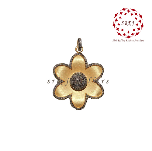 925 Sterling Silver Pave Diamond Flower Shape Pendant - 54x22 mm, Yellow/Black Rhodium Finish, 0.48 cts Diamond Weight, Elegant Floral Motif
