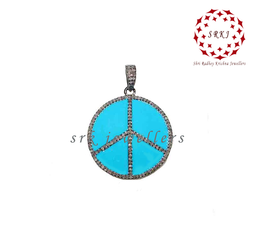 925 Starling Silver Pave Diamond Round Turquoise Enamel Peace Pendant