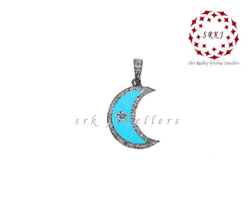 925 Starling silver White And Turquoise Enamel Crescent Moon Pave Diamond Pendant