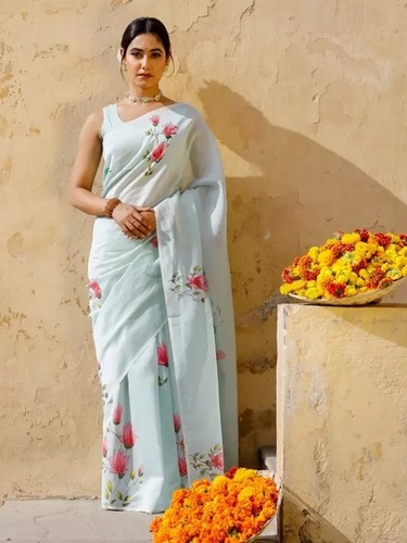 Digital Print Kovai Chiffon Saree (Silver)