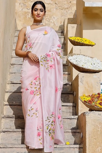 Hand Painted Butterfly with Florals On Light Purple Organza Saree with Unstitched Blouse