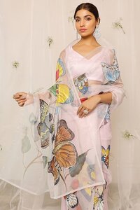 Hand Painted Colourful Butterfly Light Purple Organza Saree with Unstitched Blouse