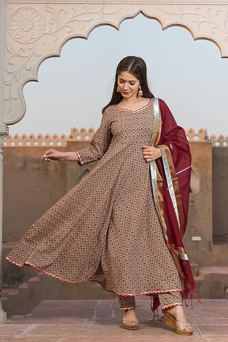 Cotton Geometric Print Anarkali Kurta and Trouser with Dupatta Set