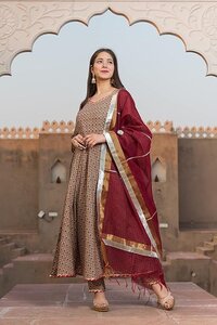 Cotton Geometric Print Anarkali Kurta and Trouser with Dupatta Set