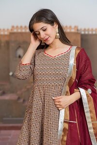 Cotton Geometric Print Anarkali Kurta and Trouser with Dupatta Set