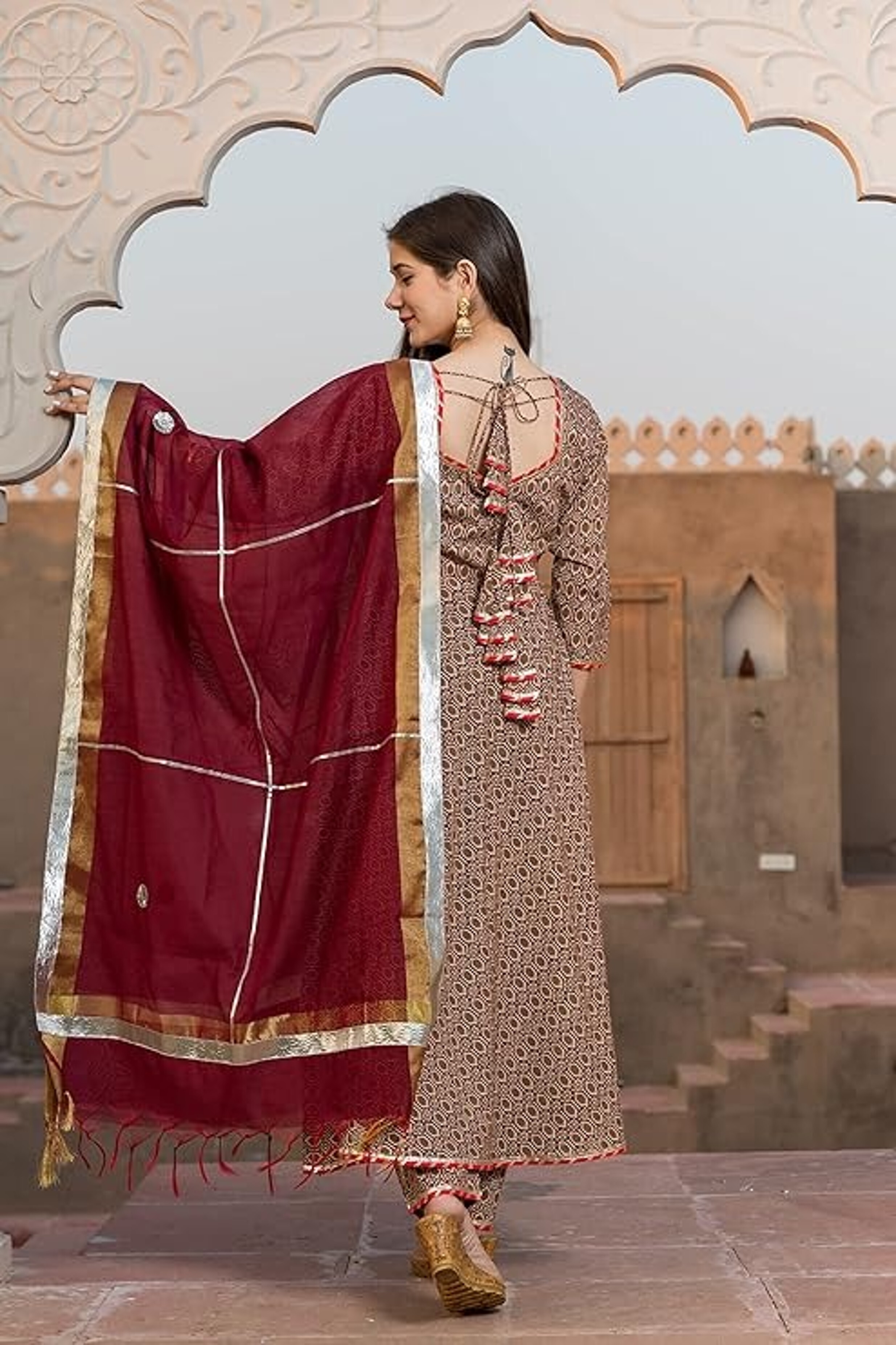 Cotton Geometric Print Anarkali Kurta and Trouser with Dupatta Set