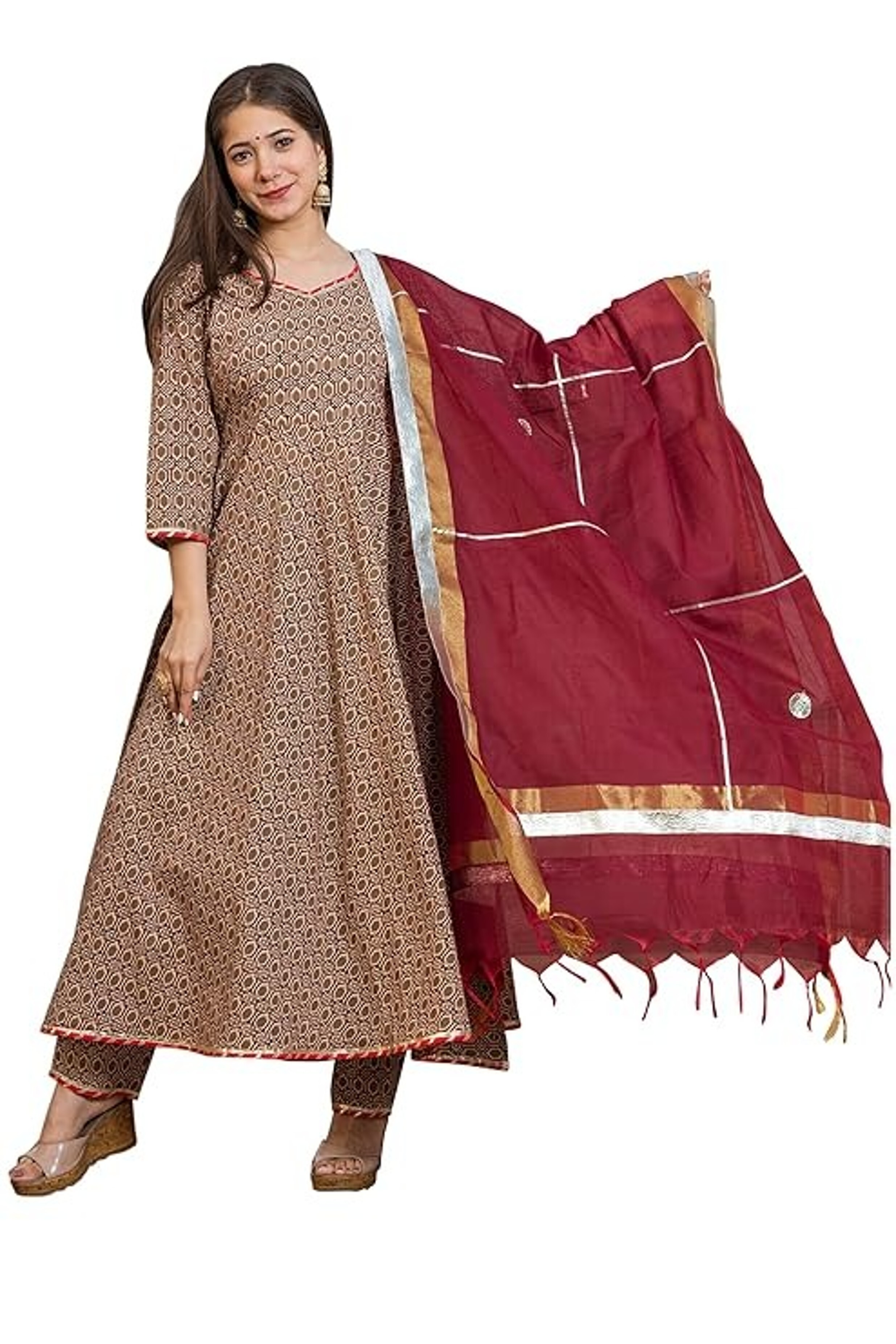 Cotton Geometric Print Anarkali Kurta and Trouser with Dupatta Set