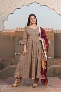 Cotton Geometric Print Anarkali Kurta and Trouser with Dupatta Set