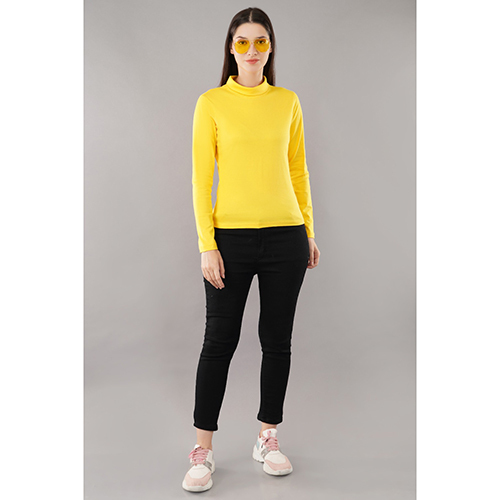 Ladies Yellow T-Shirt - Casual Full Sleeves, Plain Design for All Season Wear | Comfortable Cotton Fabric Ideal for Everyday Use