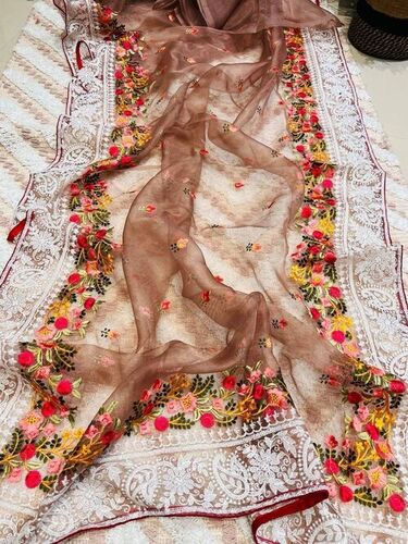 Organza With Lucknowi Thread Chikankari Work Saree