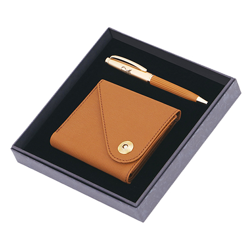 KK-2349 Wallet And Pen Set - Leather and Metal, Rectangular Design for Personal Use