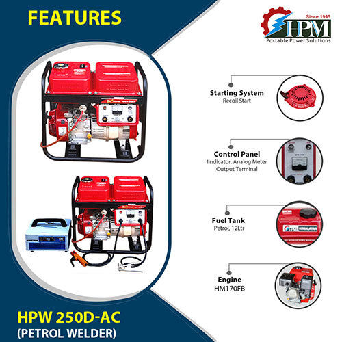1.2 KVA  AC Output Petrol Welding Generator 200 Amps Model HPW-250D-AC