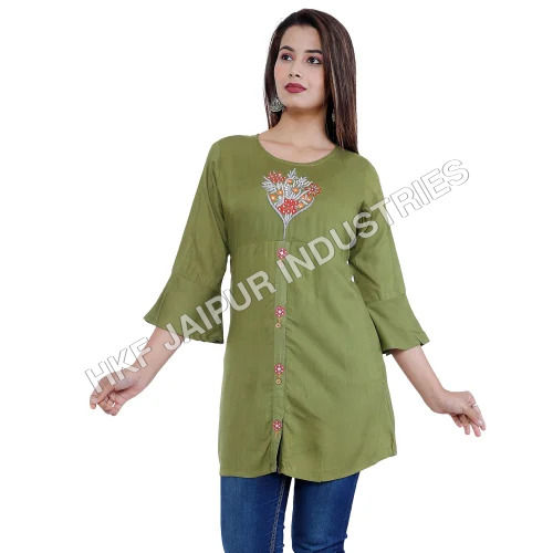 Olive Green Ladies Embroidered Tunic Top