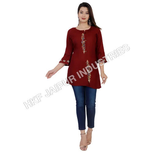 Washable Ladies Red Short Rayon Kurti