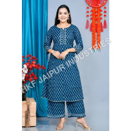 Ladies Printed Blue Kurta With Palazzo Set