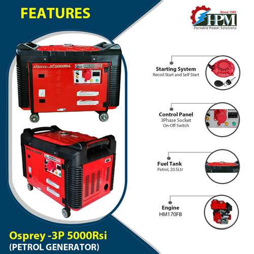 Portable 3 Phase Petrol Generator Model Osprey GE-3P-5000RSi Recoil and Self Start