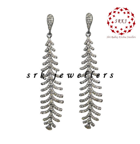 925 Starling Silver Handmade Pave Diamond Fancy Leaf Style Earrings