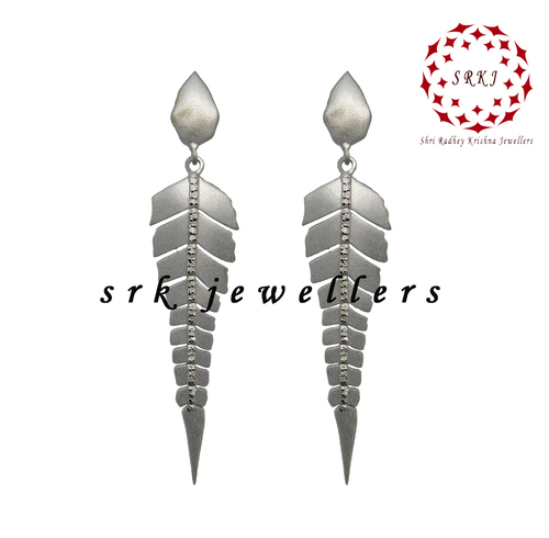 925 Starling Silver Handmade Pave Diamond Fancy Leaf Style Long Earrings