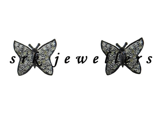 925 Starling Silver Handmade Pave Diamond Fancy Small Stud Butterfly Earrings