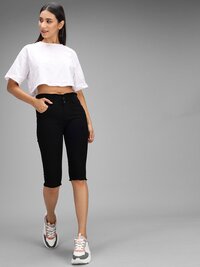 M Moddy Women's Fray Hem Stretchable Denim Capri - Size 28, 30, 32 | Black, Grey, Dark Blue, Light Blue, Blue, Skinny Fit For Summer