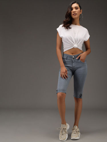 M MODDY 397Grey Fray Hem Stretchable Skinny Fit Grey Denim Shorts for Women