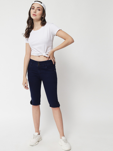 M MODDY 397HW Fray Hem Stretchable Skinny Fit Blue Denim Shorts for Women