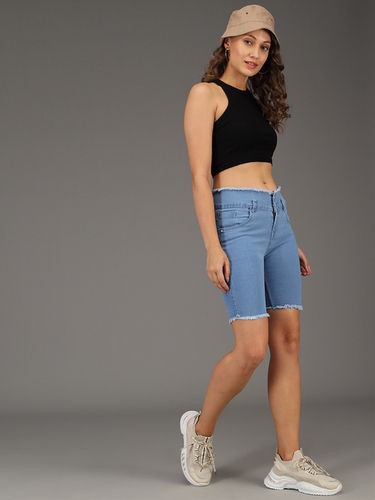 M Moddy 271Ice Fray Hem Stretchable Skinny Fit Dark Light Blue Denim Shorts For Women Age Group: >16 Years