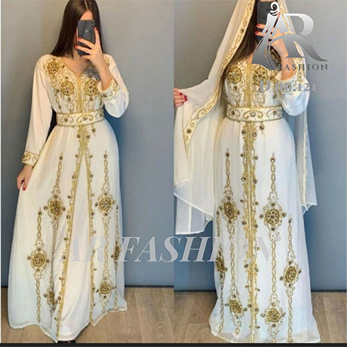 White Arabic Abaya Hand Beaded Caftan