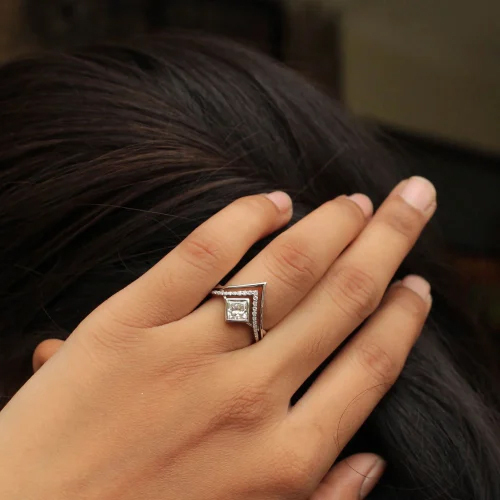 2CT Yellow Gold Finish Princess Cut Real Moissanite Engagement Ring