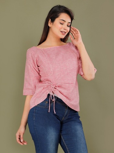 Casual Regular Sleeves Striped Women Pink Top