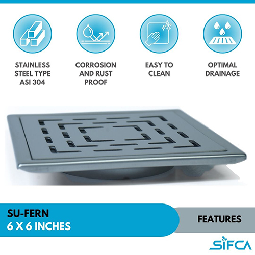 Stainless Steel 304 Grade Floor Drain 6X6 Inch SU-FERN Series