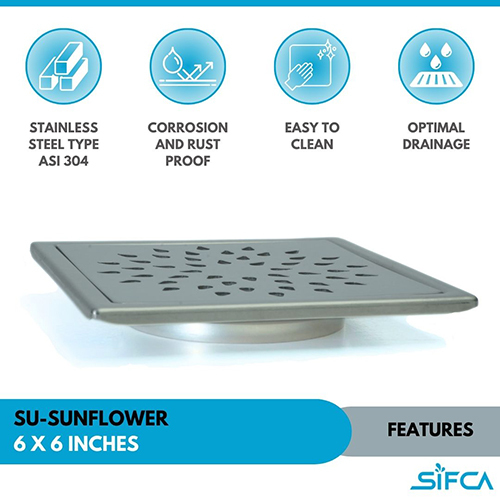 Stainless Steel 304 Grade Floor Drain 6X6 Inch SU-Sunflower Series