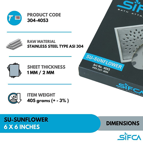 Stainless Steel 304 Grade Floor Drain 6X6 Inch SU-Sunflower Series