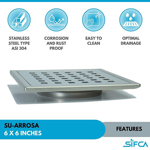 Stainless Steel 304 Grade Floor Drain 6X6 Inch SU-Arrosa Series